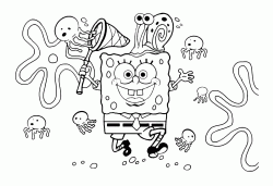 SpongeBob cammina in mezzo alla meduse con un retino