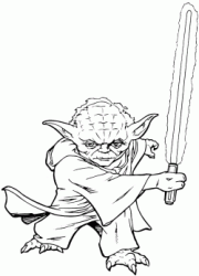 Il maestro Jedi Yoda pronto a combattere con la sua spada laser